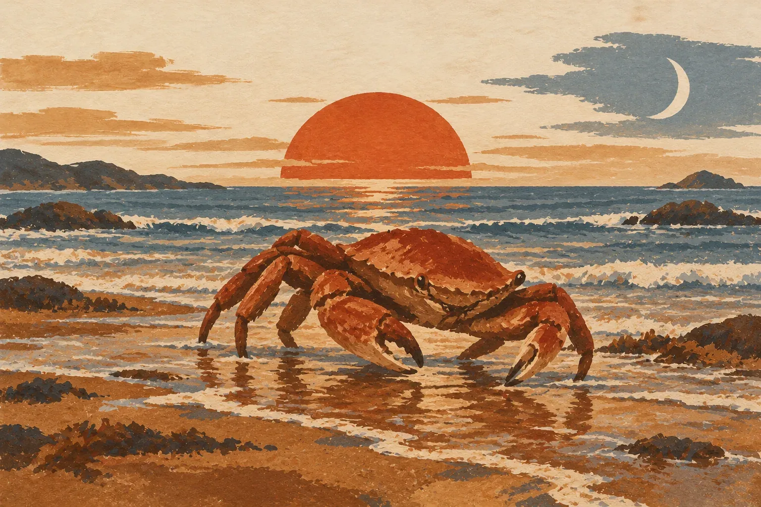 Um caranguejo de carapaça grossa caminha de lado na areia molhada, à beira do mar, com o Sol baixo e a Lua crescente no céu