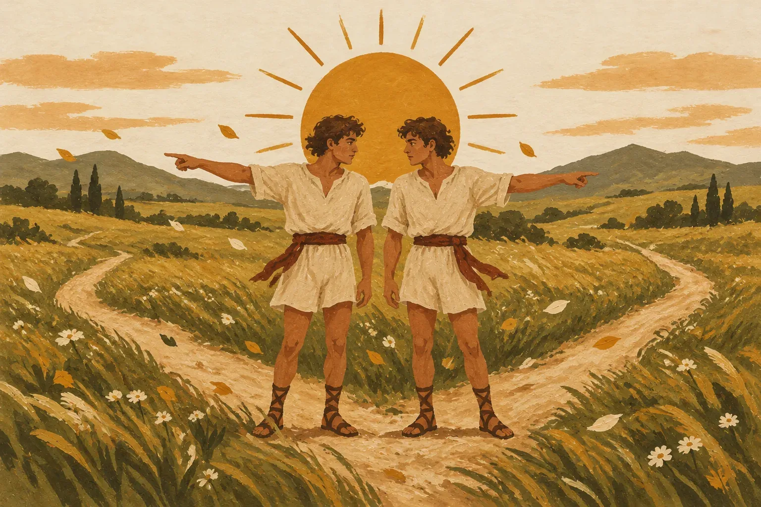 Dois irmãos gêmeos num campo no fim da primavera, cada um apontando para um caminho, com o Sol alto e o vento na grama