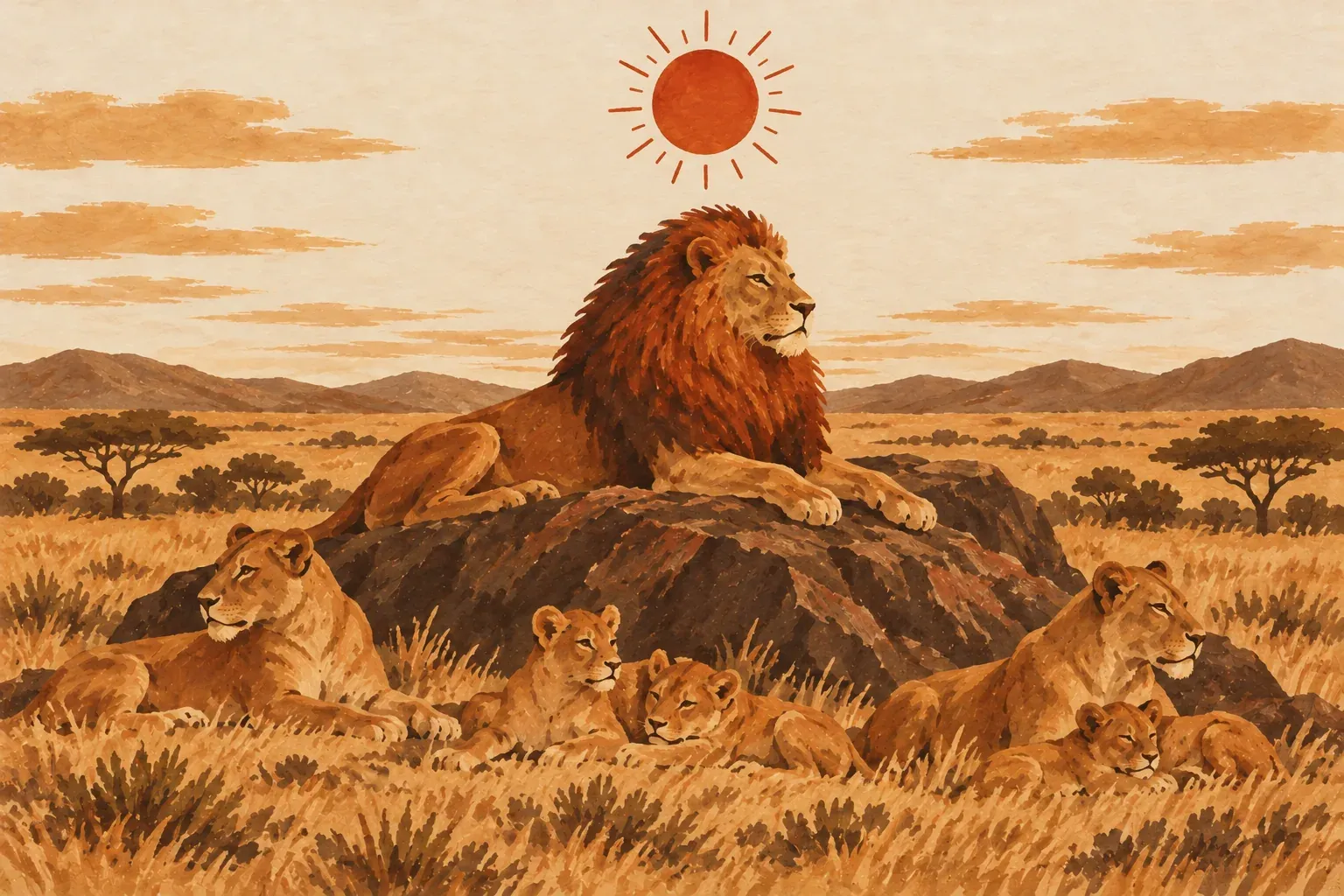 Um leão de juba cheia descansa no alto de um rochedo sob o Sol a pino, com as leoas e os filhotes deitados ao redor