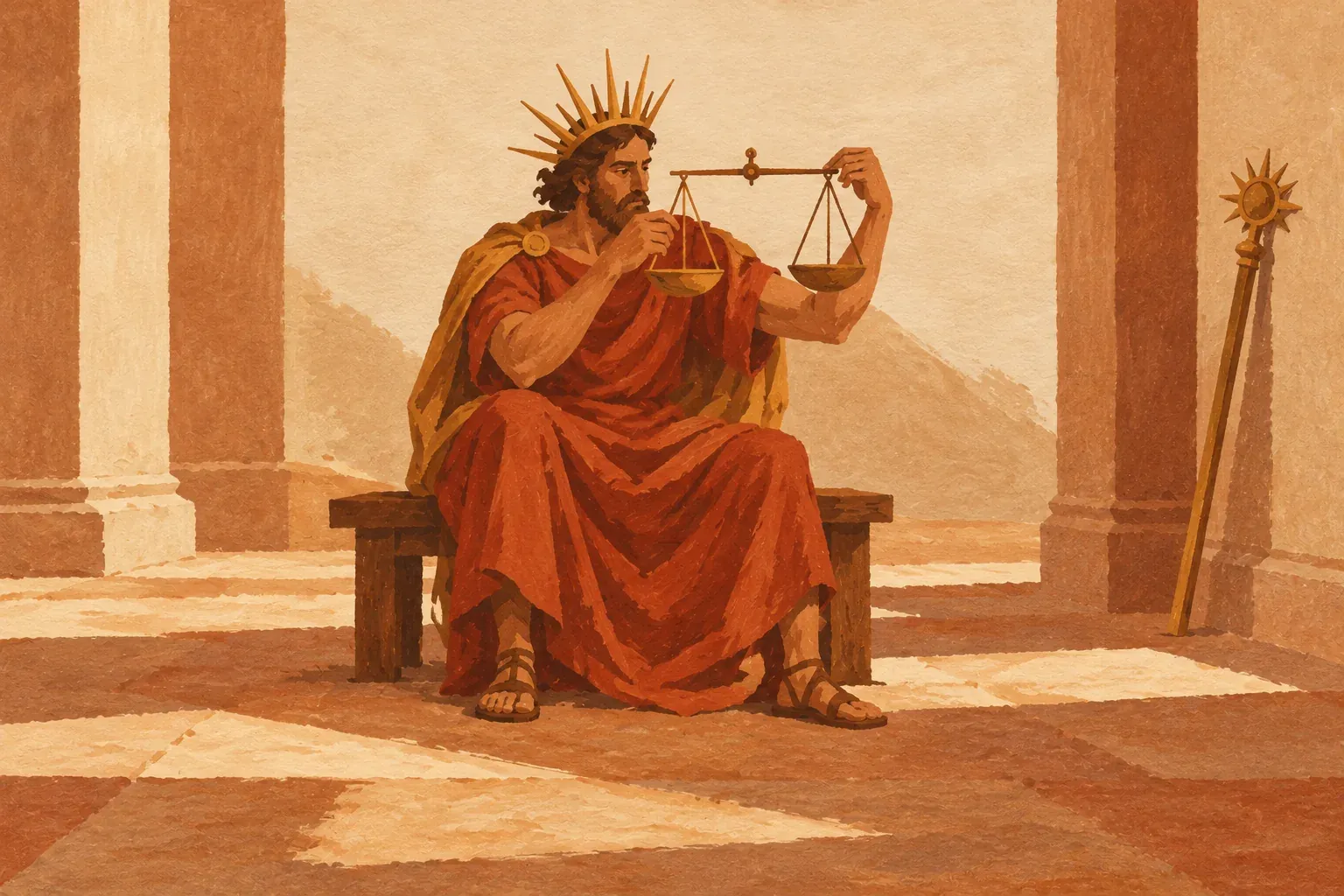 Um rei de coroa solar, sentado num banco simples, segura uma balança de dois pratos e olha de um prato para o outro, com o cetro deixado de lado
