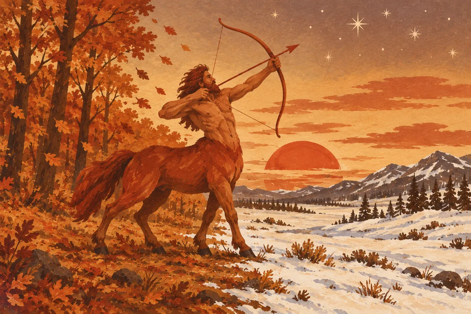 Um centauro arqueiro, na fronteira entre um bosque de outono e um campo de neve, dispara uma flecha para o alto, rumo às estrelas