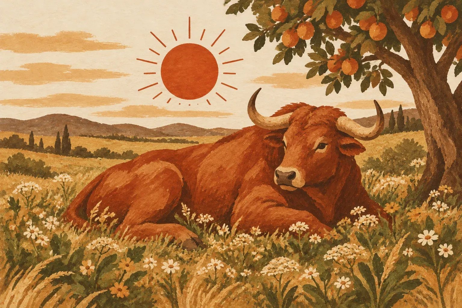 Um touro robusto descansa num pasto florido de primavera, sob o Sol alto, ao lado de uma árvore carregada de frutos