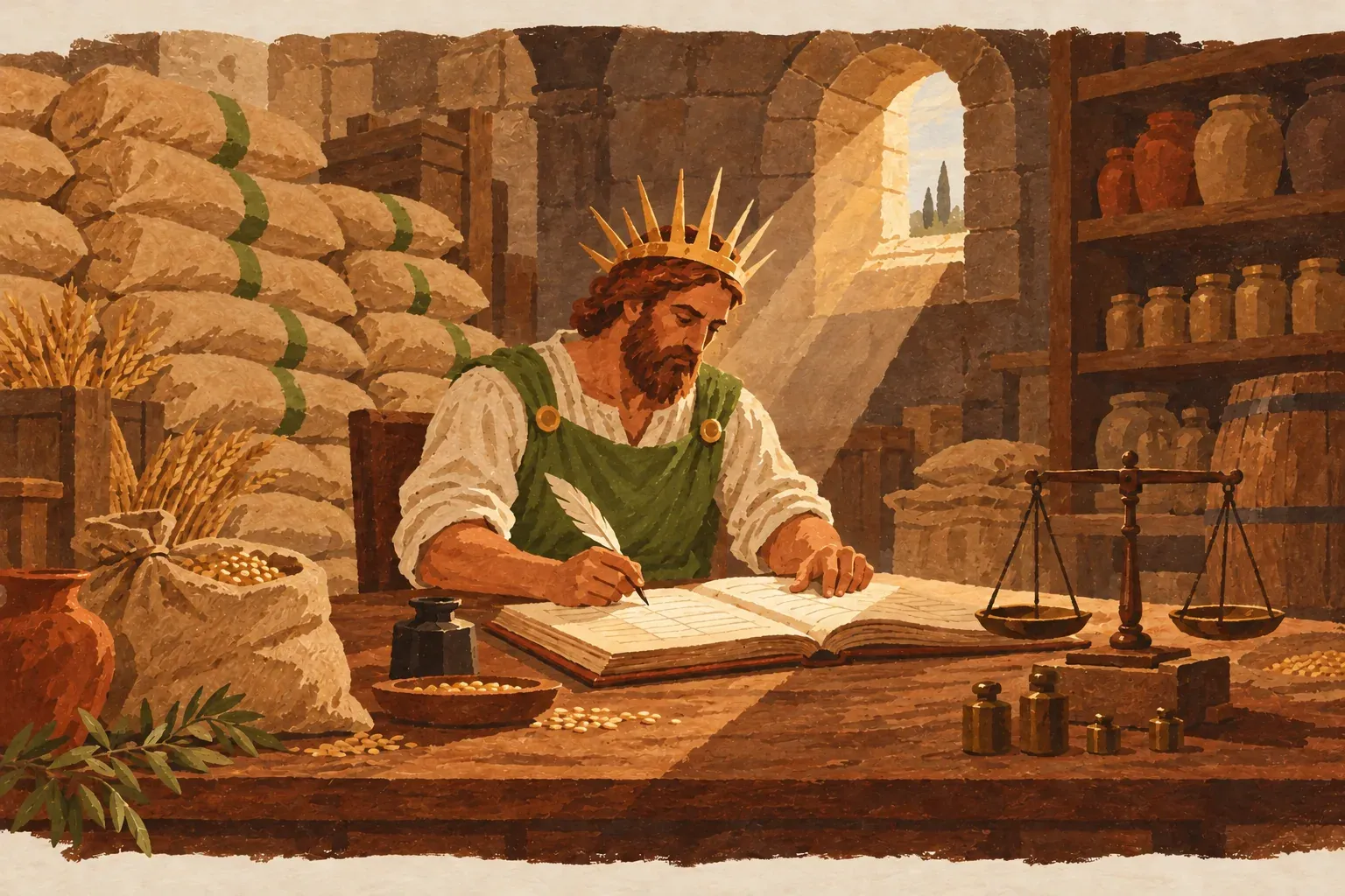 Um rei de coroa solar confere um livro de contas num almoxarifado de castelo, entre sacos de grãos da colheita