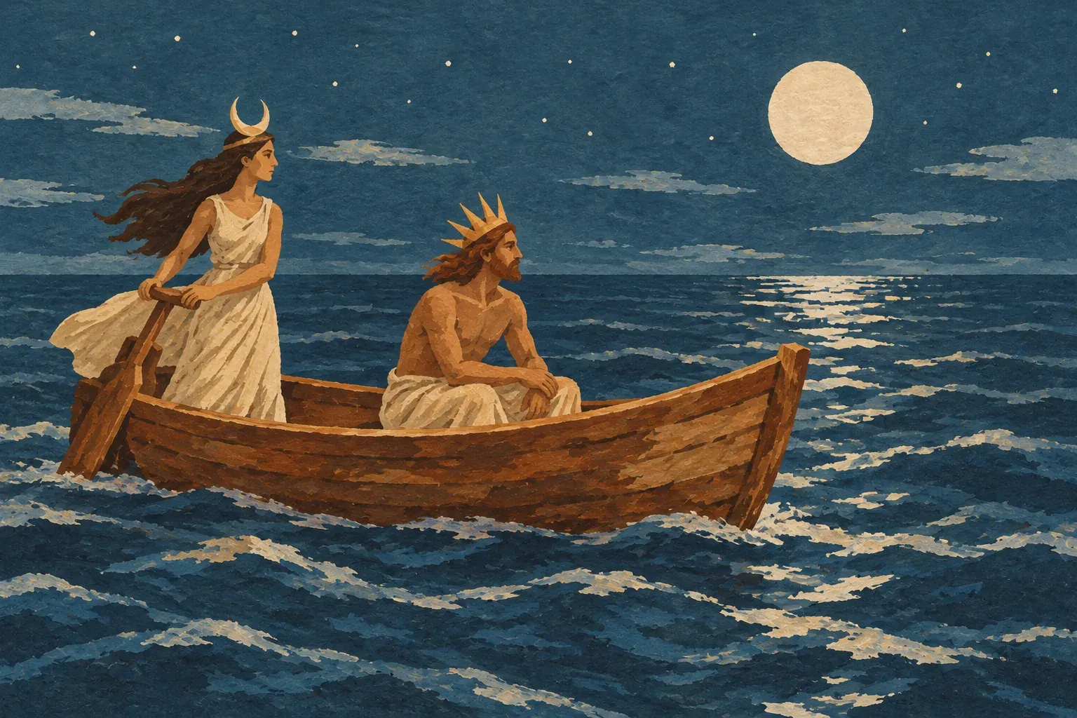 Um rei de coroa solar, sem manto nem cetro, num pequeno barco à deriva no mar, enquanto uma rainha de coroa lunar segura o leme