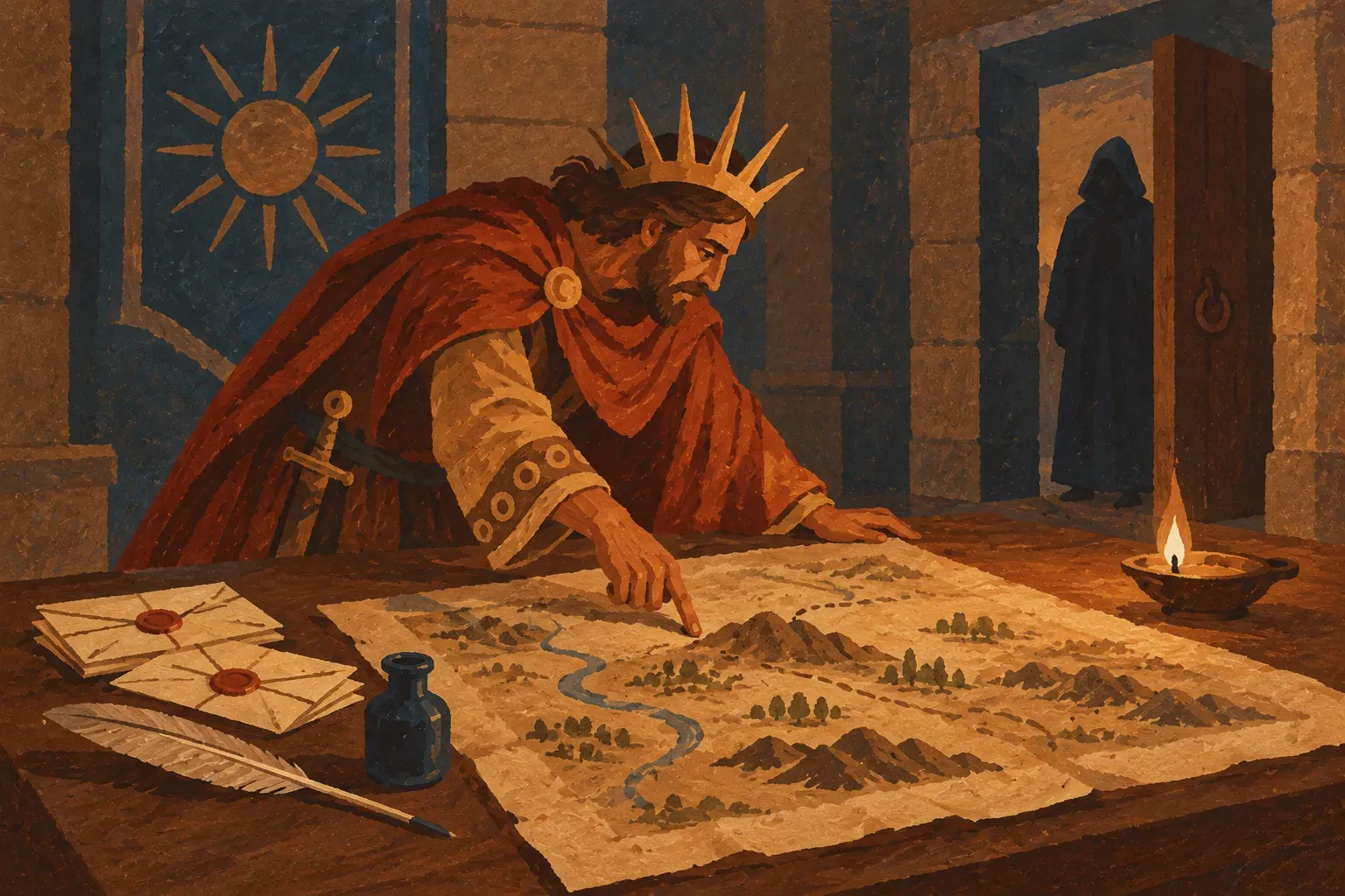 Um rei de coroa solar, numa sala fechada à luz de lamparina, traça planos secretos sobre um mapa, ao lado de cartas lacradas, com um vulto encapuzado à porta
