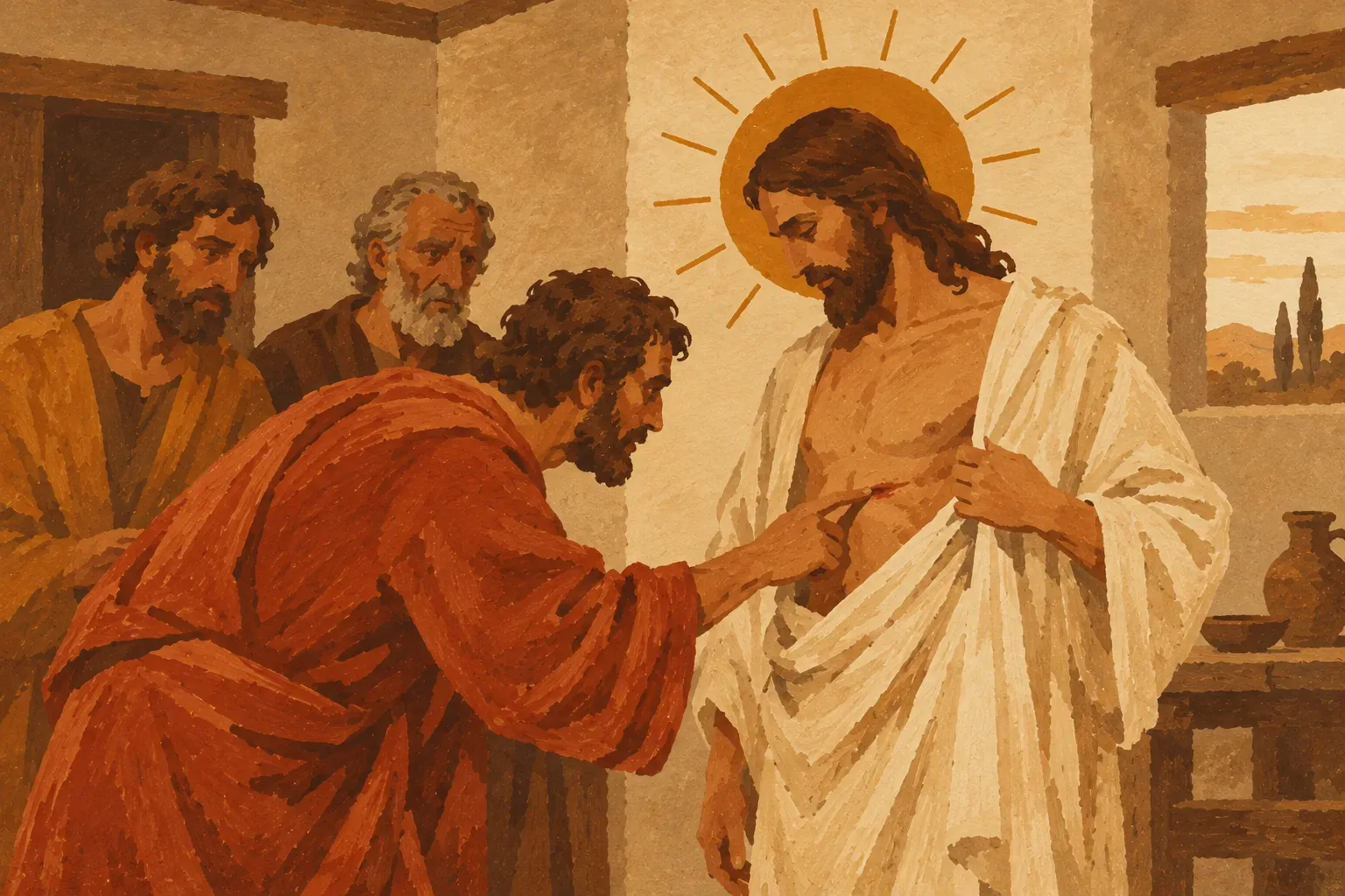 O apóstolo Tomé estende o dedo para tocar a ferida no lado de Jesus ressuscitado, diante de dois apóstolos