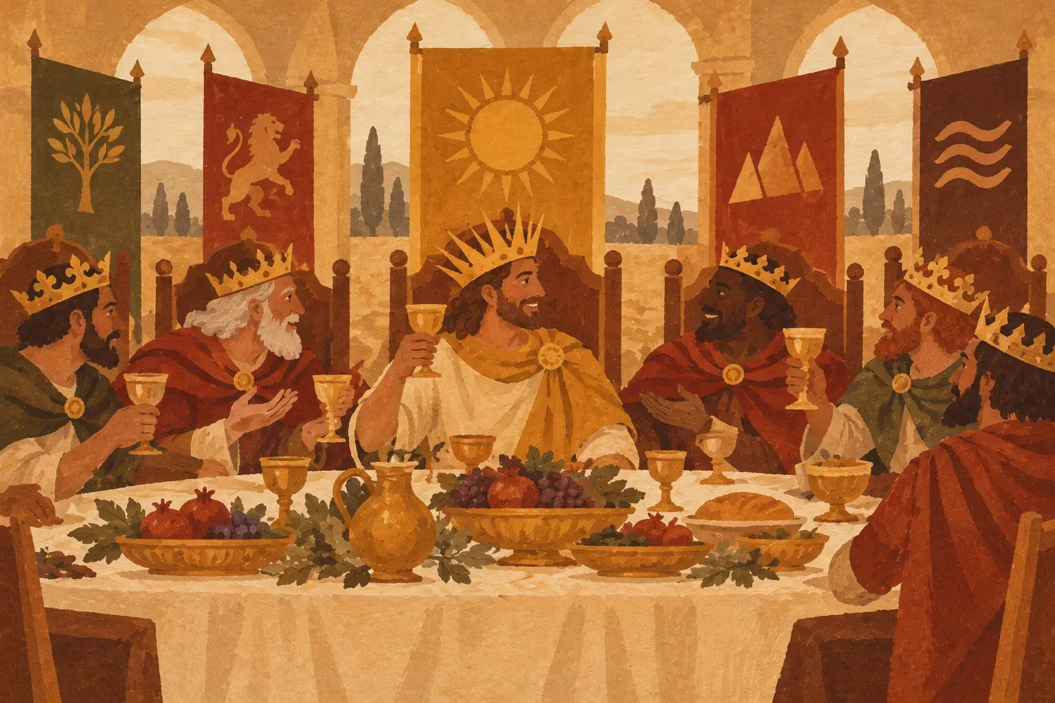 Num banquete diplomático, um rei de coroa solar conversa entre outros reis coroados, cada um com o estandarte do seu reino, sem dar ordens a ninguém