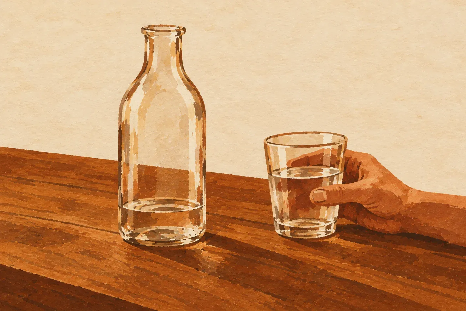 Uma garrafa de vidro sem rótulo sobre uma mesa de madeira, com água só no fundo, ao lado de um copo recém-servido que uma mão segura