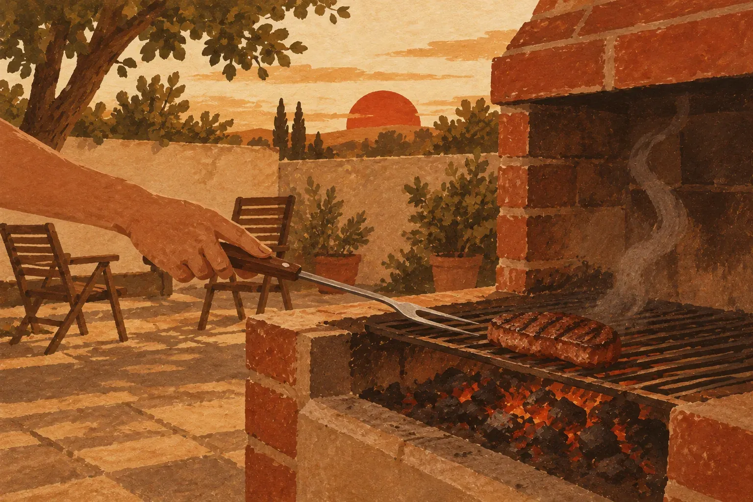 Uma churrasqueira de tijolos num quintal depois da festa, com brasas ainda acesas e uma mão que vira com o garfo o último pedaço de carne na grelha