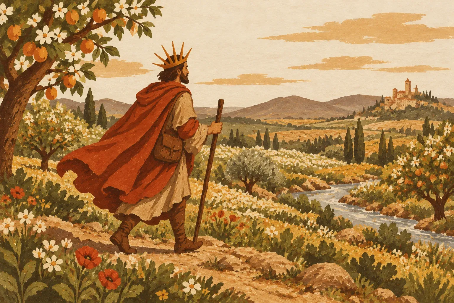 Um rei de coroa solar caminha como viajante por campos floridos e pomares, com o próprio castelo pequeno e distante no horizonte