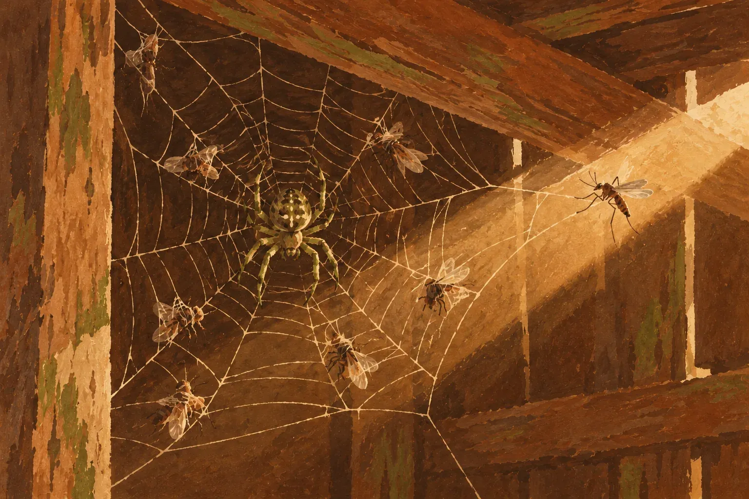 Uma aranha espera parada no centro da teia, no seu canto, enquanto moscas e mosquitos pousam presos nos fios